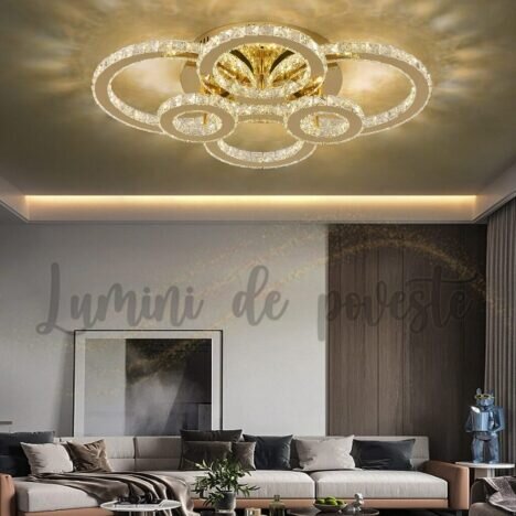 Lustra LED 192W Krystal 6 Gold, LED inclus, 6 surse de iluminare, Telecomanda, Dimabil, Lumina: Cald